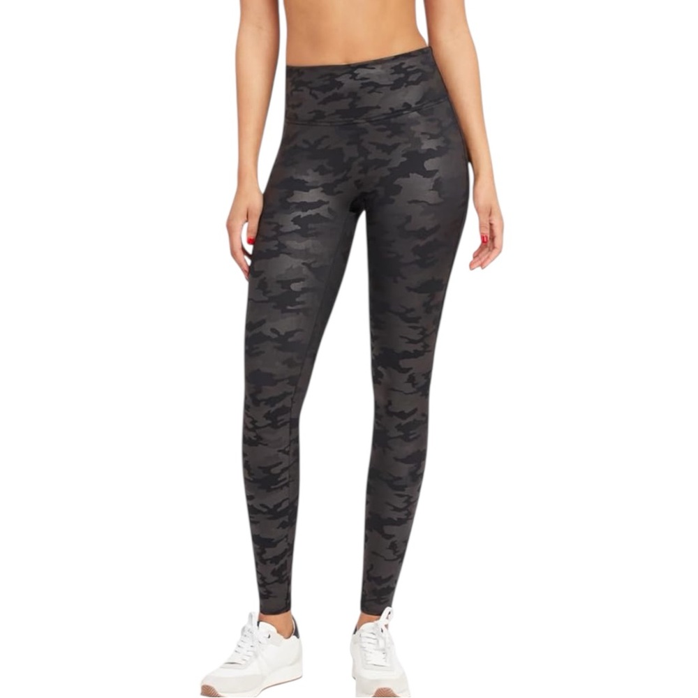 SPANX Faux Leather Camo Leggings XL 20185R High Rise Shaping Black Gray Skinny